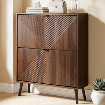 Shoe Cabinet Storage, Farmhouse Freestanding Organizer with 2 Flip Drawers and 4 Wooden feet, Narrow Shoe Rack