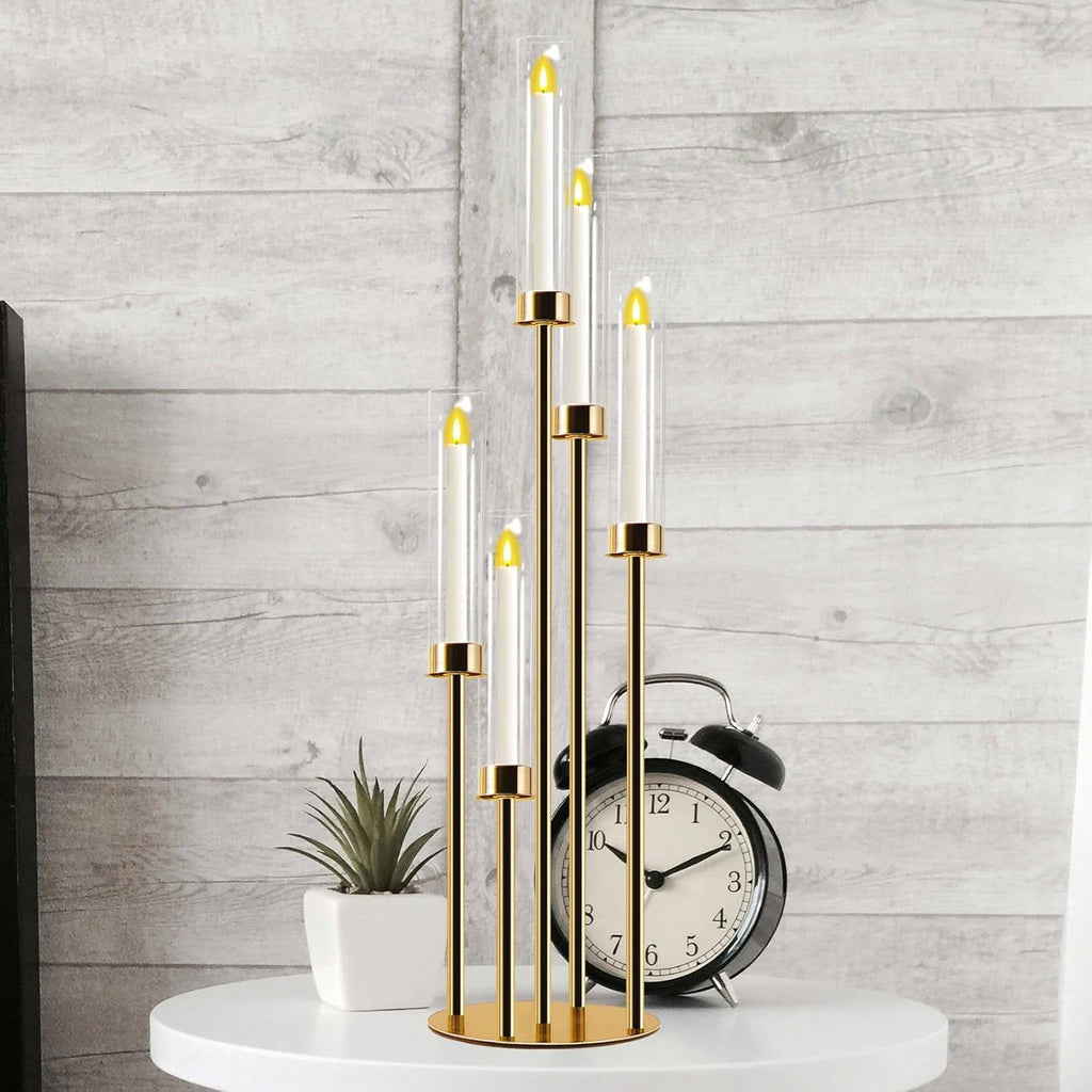 Candelabra Gold Centerpiece 5 Arms Taper Candle Holder Gold Centerpiece with Acrylic Tubes for Table Decoration