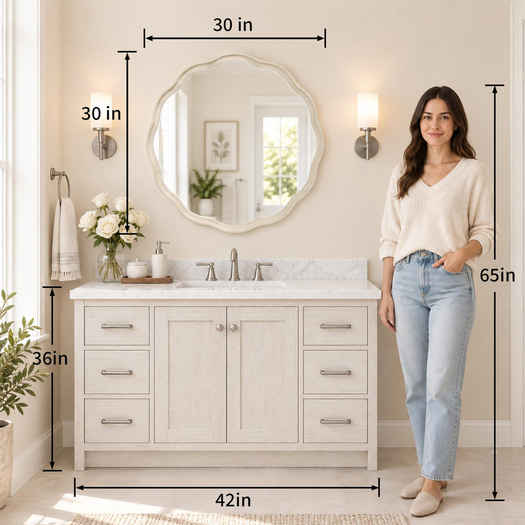 30 Inch Washed White Scalloped Round Bathroom Mirror, Wood Frame