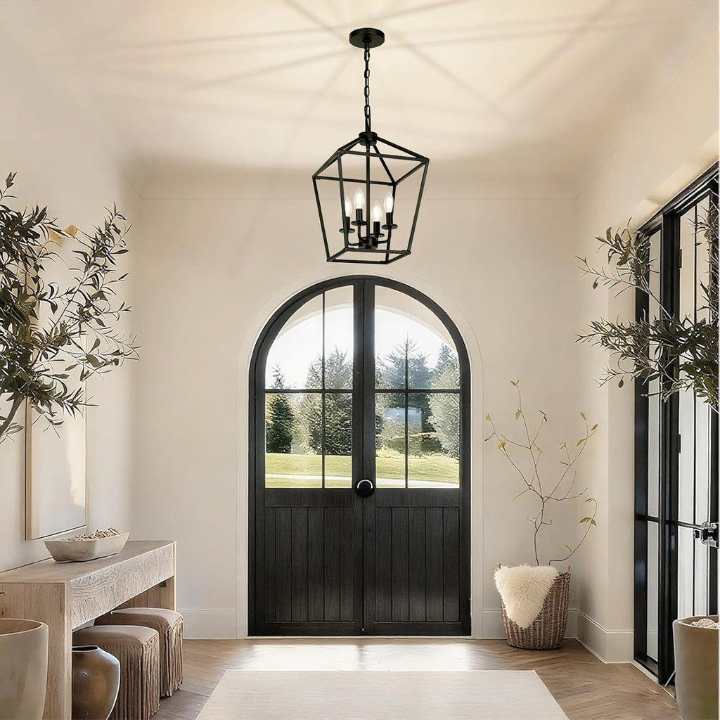 4 Light Chandelier, Industrial Ceiling Light Black Lantern Light Fixtures with Farmhouse Metal Cage Adjustable Height