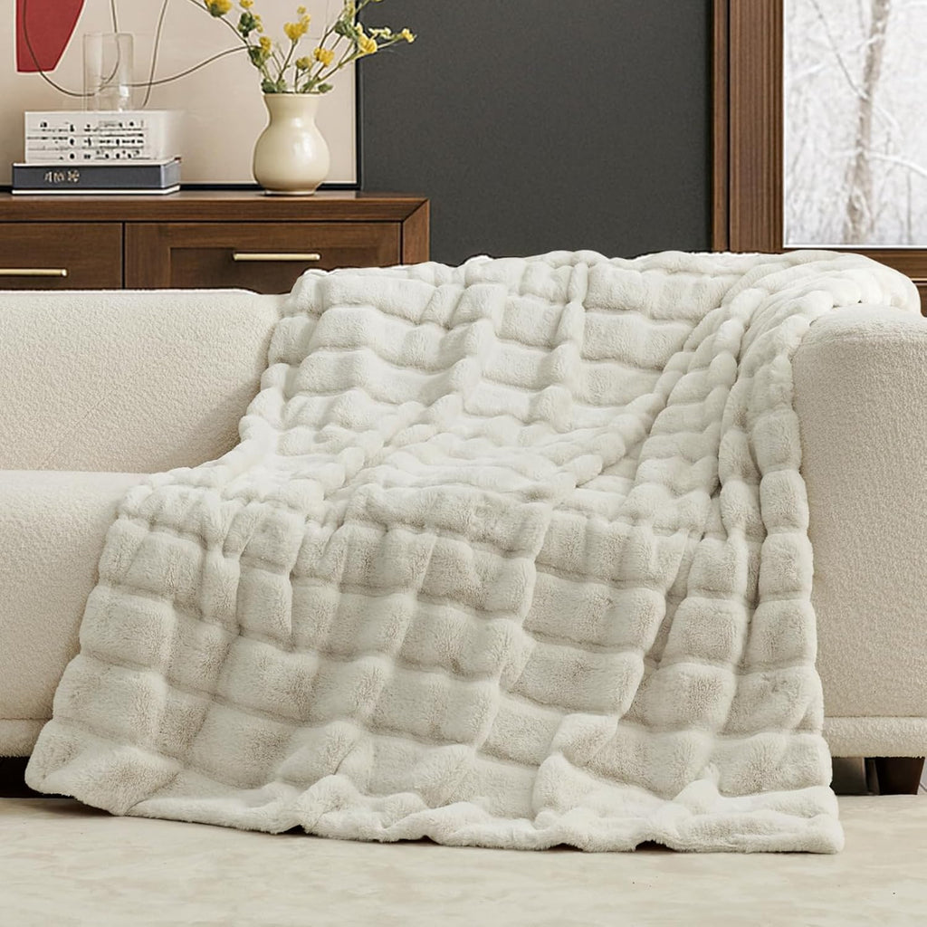 Deluxe Sheared Rabbit Faux Fur Throw Blanket, Soft Fuzzy High-Low Sculpted Plush Blanket, Cozy Home Accent, All