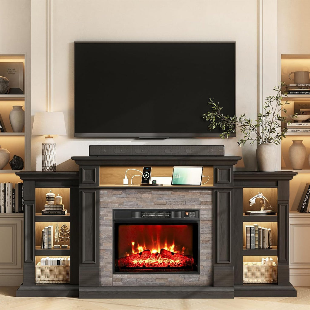 72" LED Fireplace TV Stand with Outlet, Electric Fireplace with Mantel for TVs Up to 80 Inch