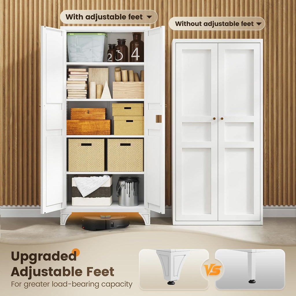 Metal Storage Cabinet with 2 Doors and 4 Adjustable Shelves - 61" White Kitchen Pantry Storage 5-Tier Tall Steel