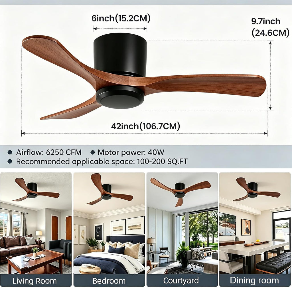 42 Inch Wood Ceiling Fan Without Light - Flush Mount, Remote Control, 3 Blade 6-Speed Reversible DC Motor, Noiseless Timer