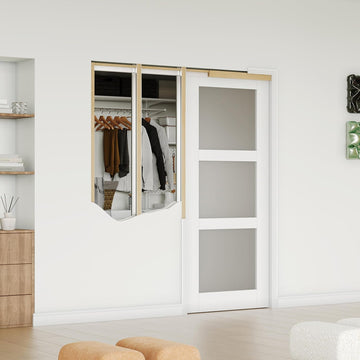 32 in. x 80 in. Sliding Pocket Door, 3-Lite Frosted Glass Interior Door with Frame and Hardware Kit 