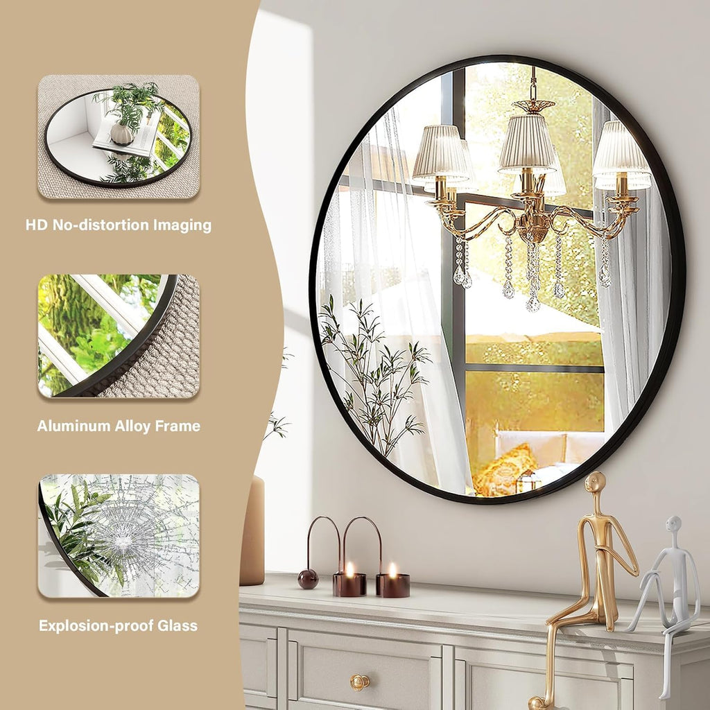 Round Mirror 30 Black Wall Mounted Circle Mirrors Vanity Mirror with Brushed Aluminum Alloy Frame Modern Decoration