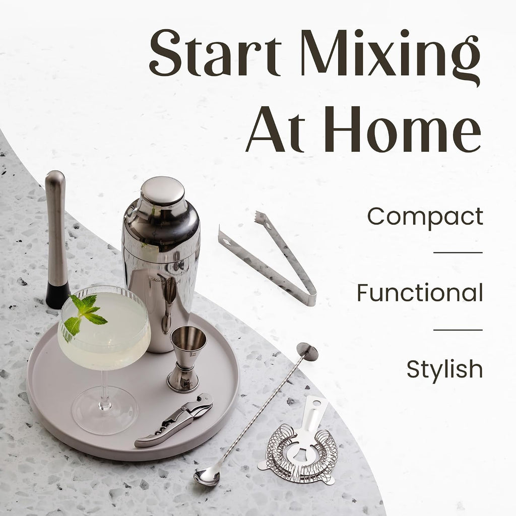 Cocktail Shaker Set with Dark Bamboo Stand - Professional 10-Piece Bartender Kit - Complete Bar Set & Cocktail Mixer