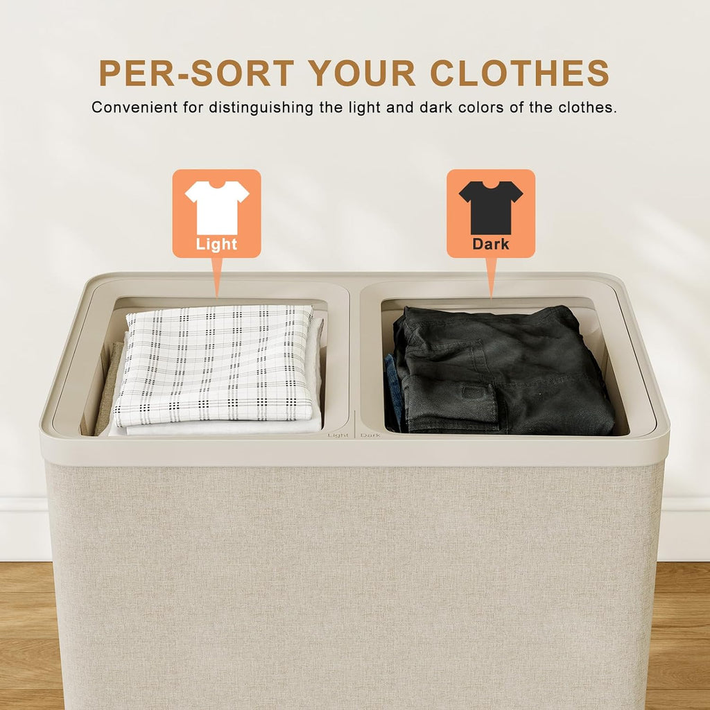 Double Laundry Hamper with Lid, 150L Large Laundry Basket 2 Compartments | Dirty Clothes Hamper 2 Section with