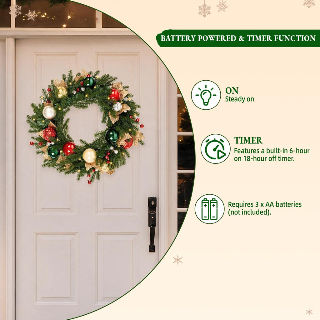 24 Inch Pre-Lit Christmas Wreath with 30 Warm White LED Lights and Timer, Battery Operated Artificial PE & PVC Wreath