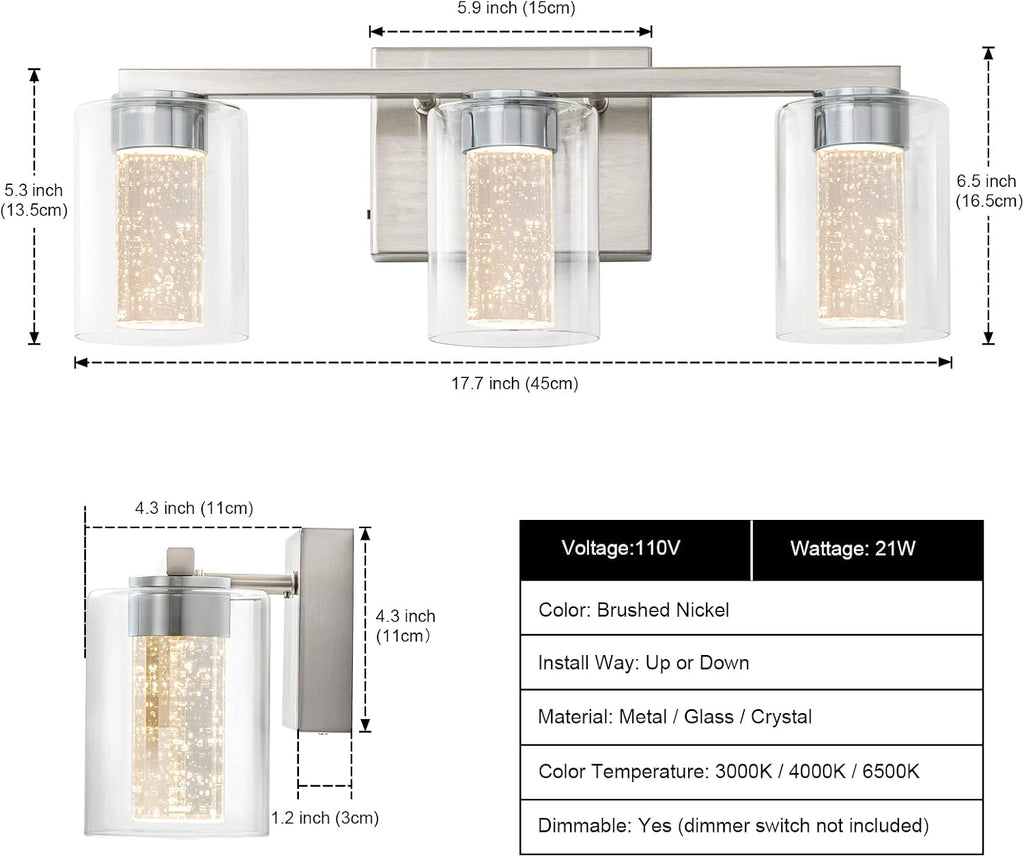 3-Light Brushed Nickel Vanity Light with 3 Color Modes (3000K/4000K/6000K), Eye Protection LED Bathroom Light