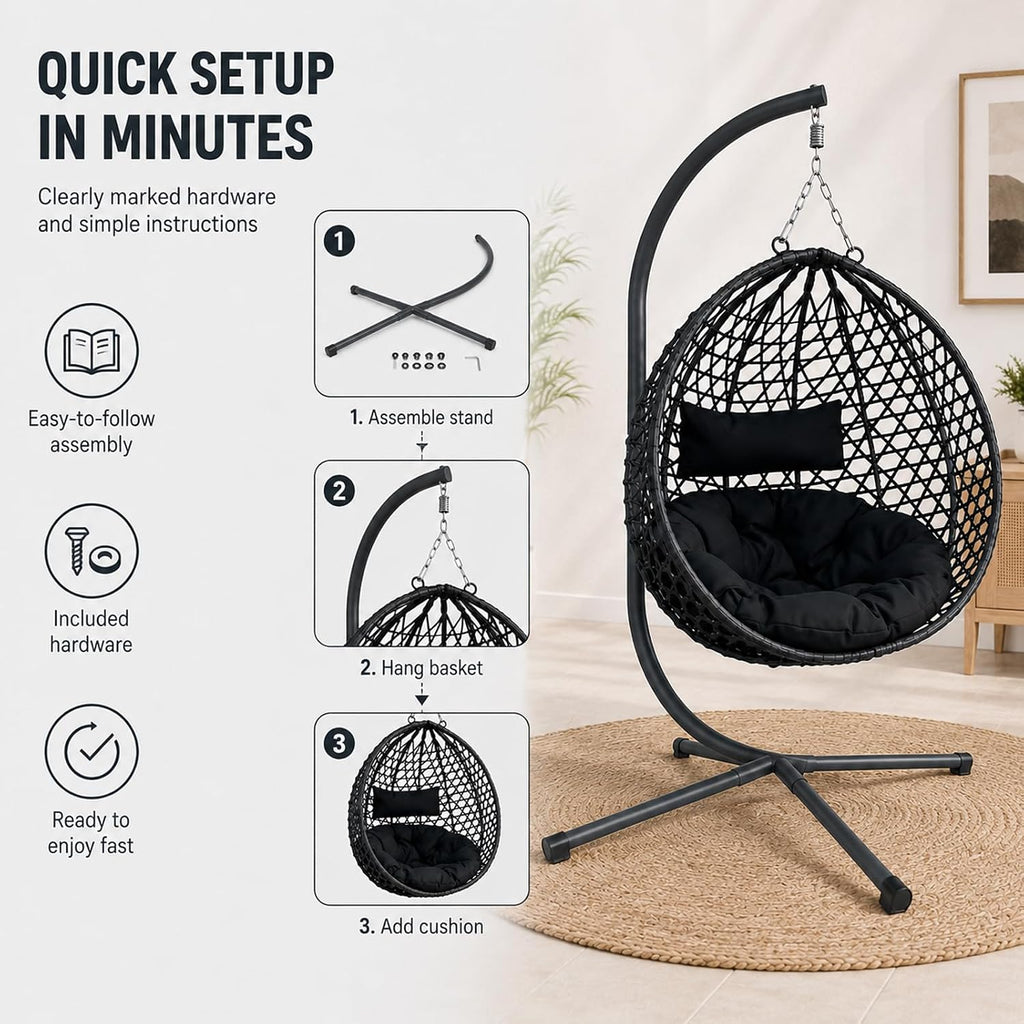 PE Rattan Hanging Egg Chair with Stand, Outdoor Folding Hammock Swing Chair Balcony Backyard Bedroom, Heavy Duty
