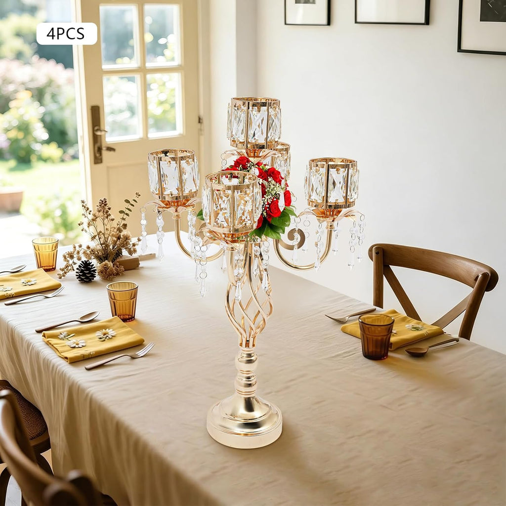 5-Arm Crystal Candelabra Centerpiece, 4PCS Gold Luxury Candle Holder | Fit 2.75 Inch LED Electronic Candles, for
