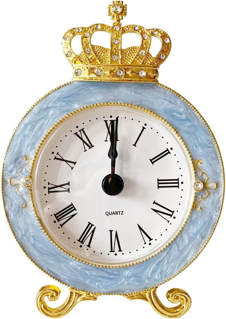 Vintage Mini Analog Table Clock, Silent Crown Table Clock with Hand-Painted Metal Body and Battery Operated Non-Ticking Core for Shelf,...