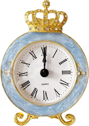 Vintage Mini Analog Table Clock, Silent Crown Table Clock with Hand-Painted Metal Body and Battery Operated Non-Ticking Core for Shelf,...