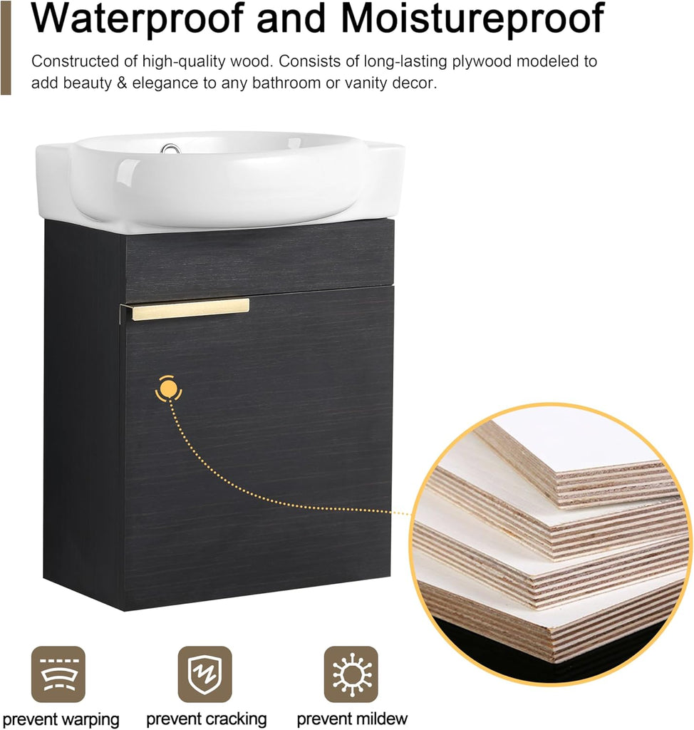 16-Inch Floating Bathroom Vanity with Sink – Wall-Mounted Single Sink Cabinet with Soft-Close Door and White Ceramic Top for Small Spaces