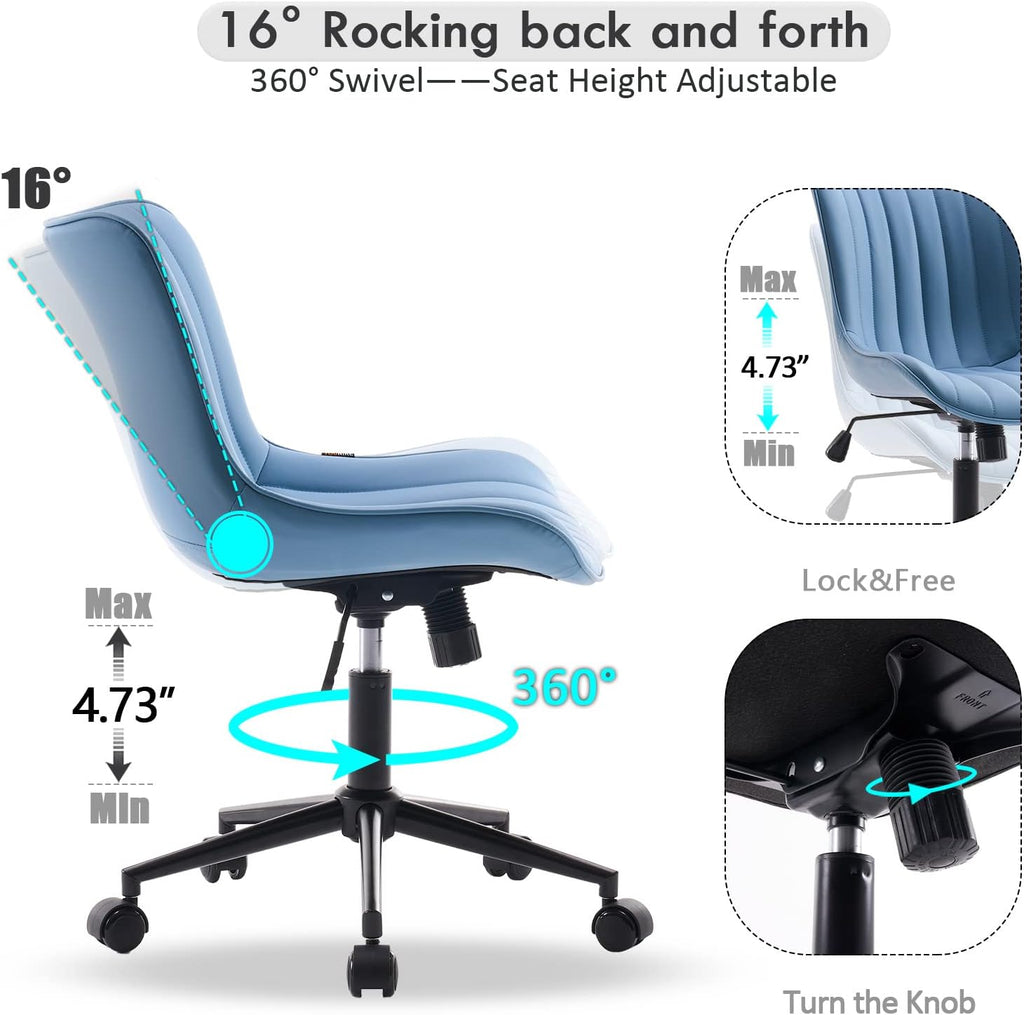 Blue Office Desk Chair with Wheels Comfy Armless Vanity Chair with Back Modern Small Faux Leather Upholstered Rolling