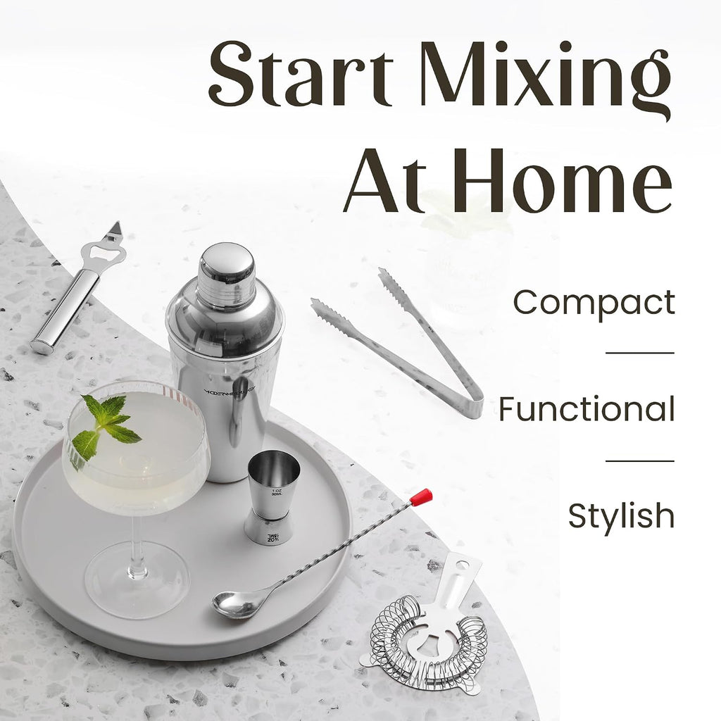 Cocktail Shaker Set - Bartender Kit with Pine Stand | Leak-Proof Design | Includes Martini Shaker, Jigger, Strainer