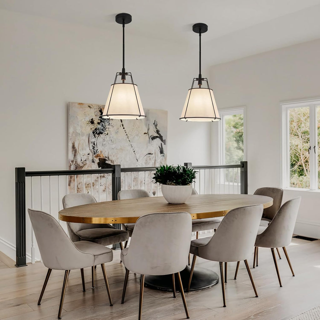 Modern Pendant Light Fixtures with 12" White Linen Fabric Shade, Adjustable Hanging Light Fixture,Drum Black Vintage