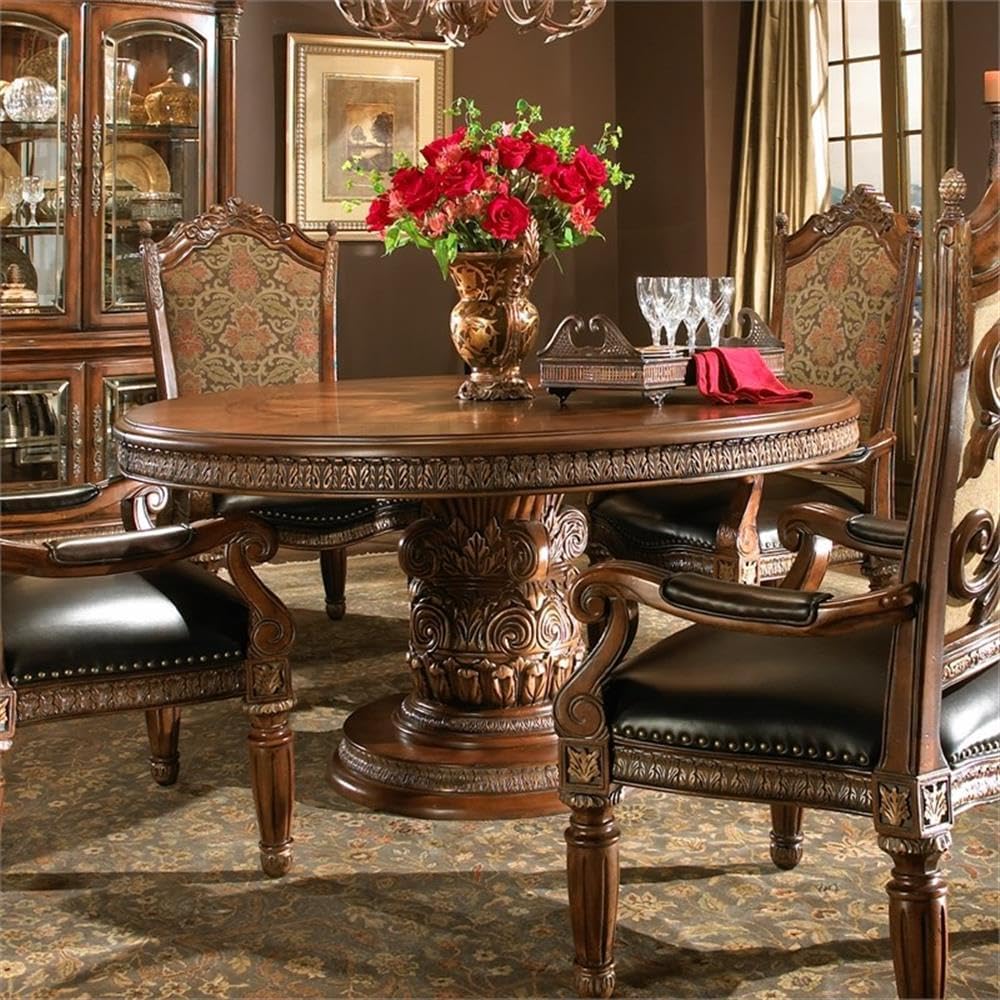 Traditional Round Wood Dining Table, Classic Chestnut Finish, 30.50" H x 84" W x 60" D, Intricate Pedestal Base