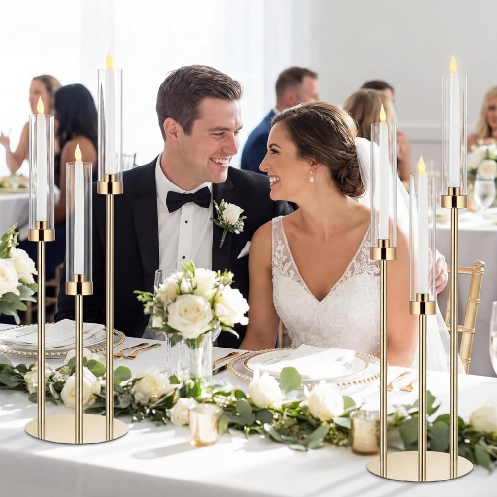 6 Set Wedding Gold Candelabra Centerpieces for Tables, 3 Arm Tall Acrylic Candle Holder Centerpiece with Clear Shades