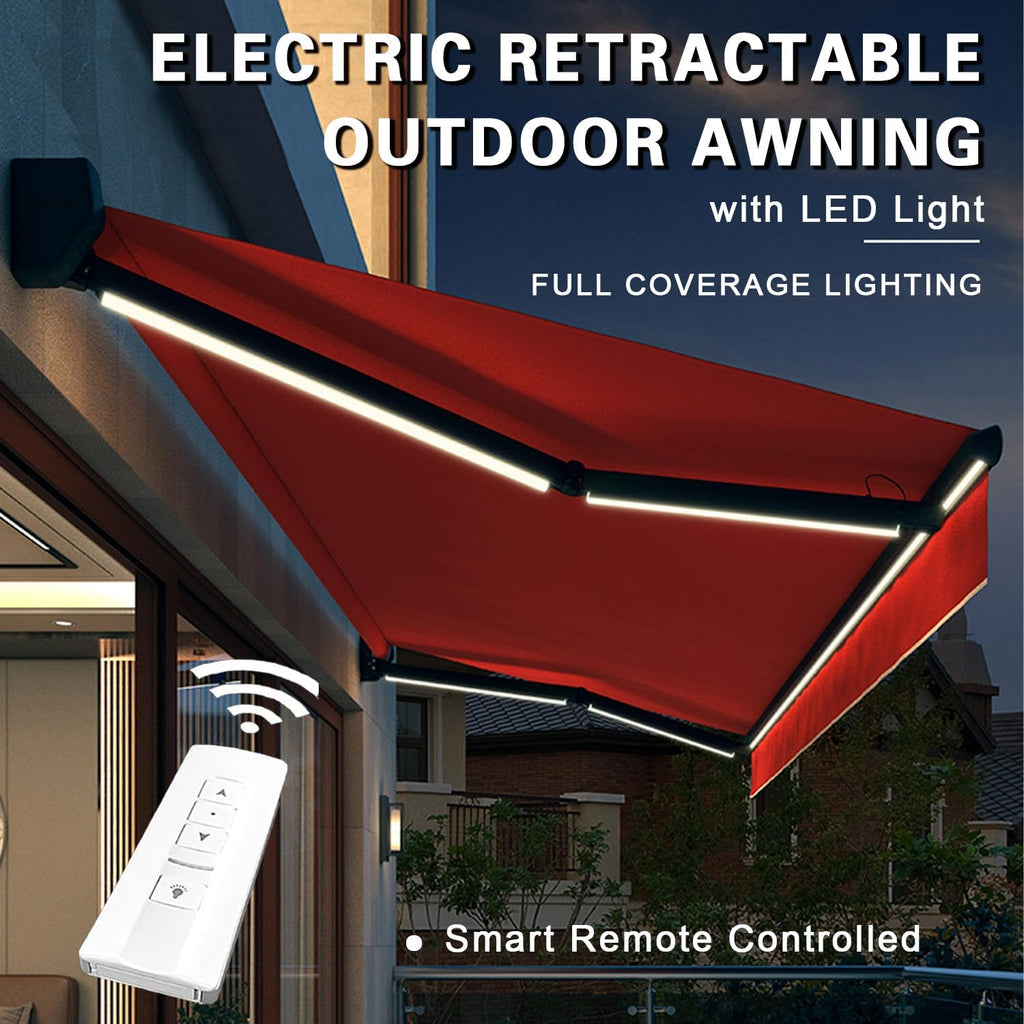 Retractable Patio Awning, Fully Assembled Motorized LED Sunshade Waterproof UV Protection, Large Canopy for Window