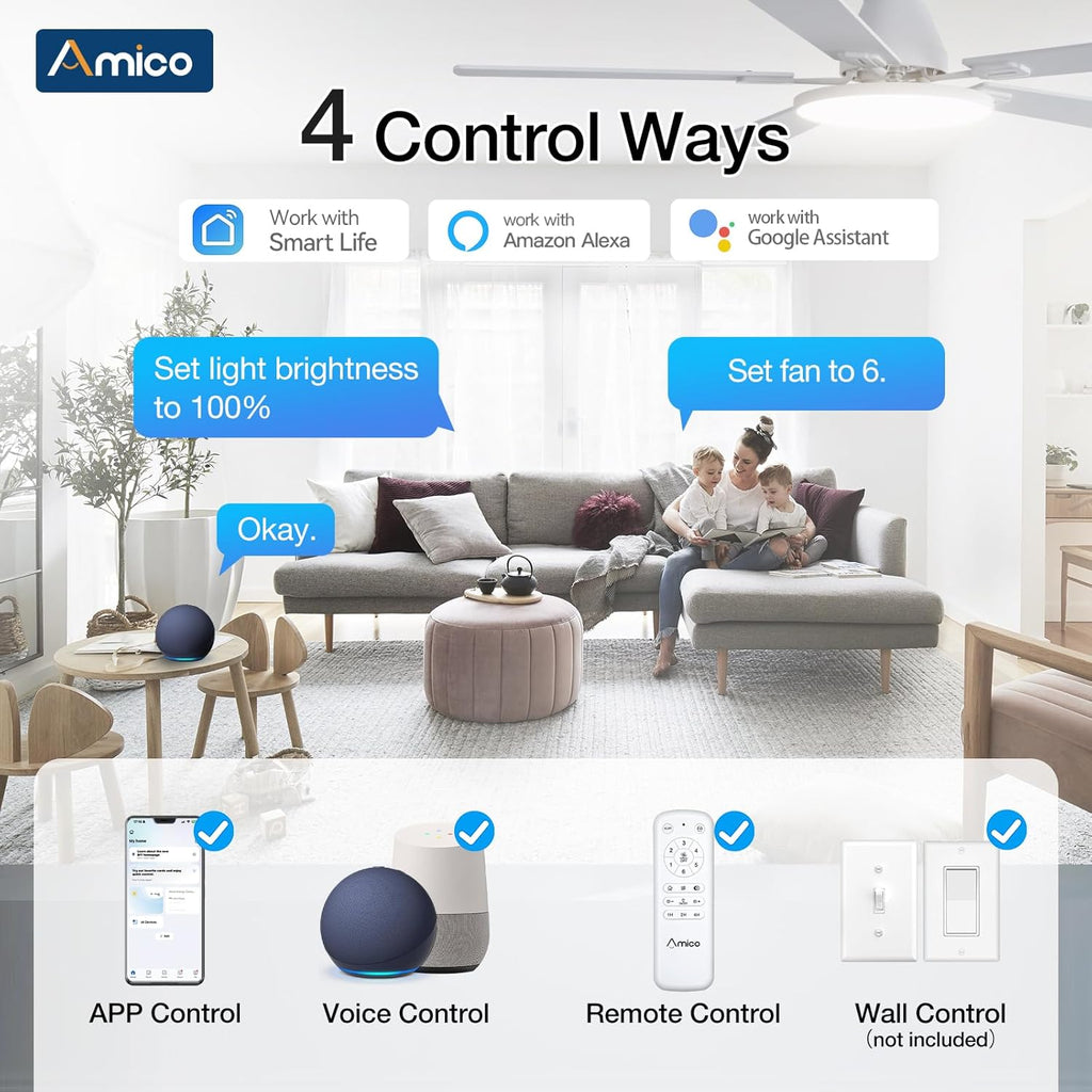 Ceiling Fans with Lights, 52 inch Smart Ceiling Fan with Remote/APP/Alexa Control, Flush Mount, Reversible DC Motor