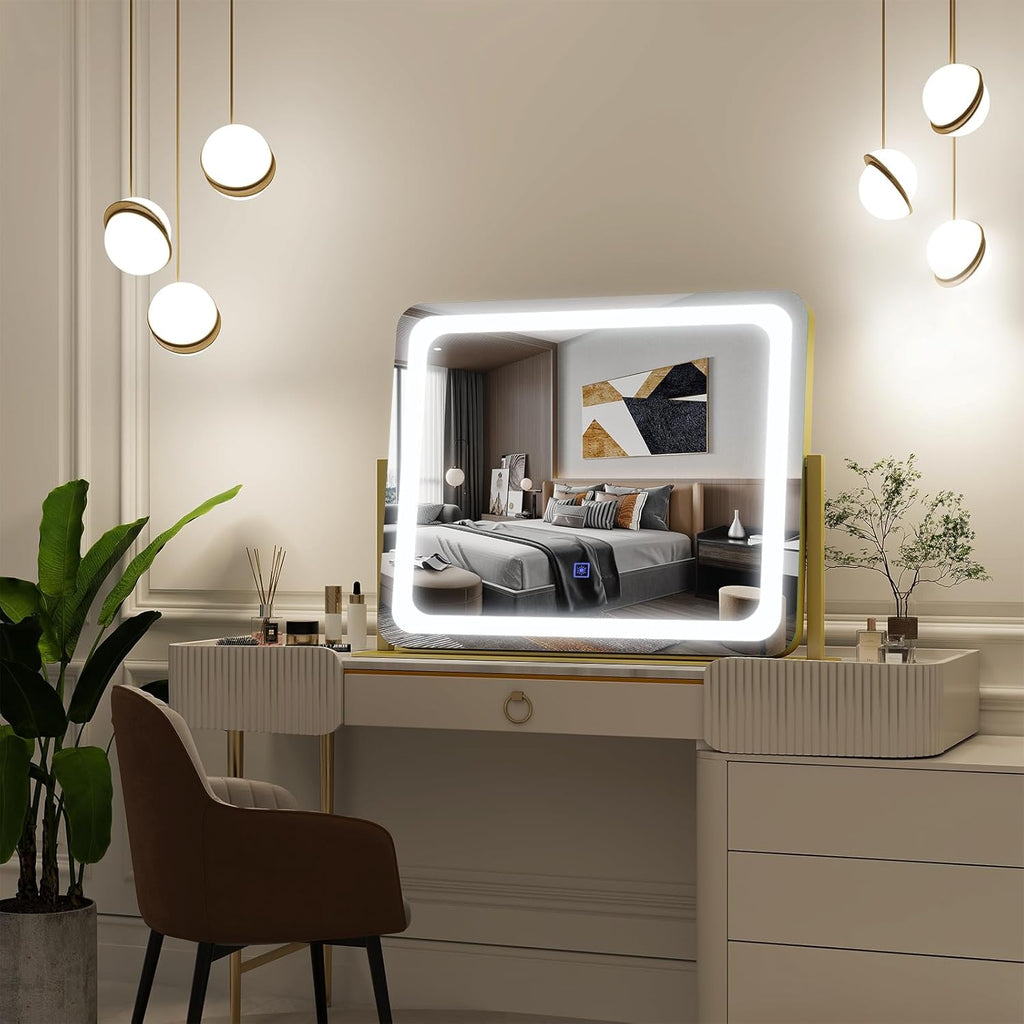 Gold Vanity Mirror with Lights 22"x19", LED Lighted Makeup Mirror, Large Makeup Mirror, Make up Mirror with Lighting