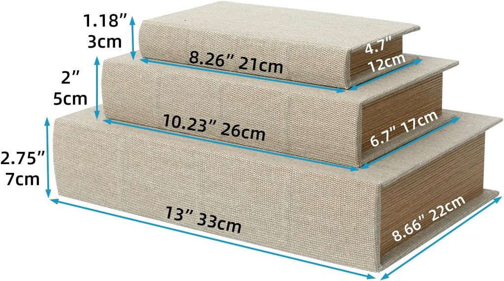 Set of 3 Linen Decorative Book Boxes with Hidden Storage - Modern Neutral Linen Fabric Faux Books for Shelf Decor