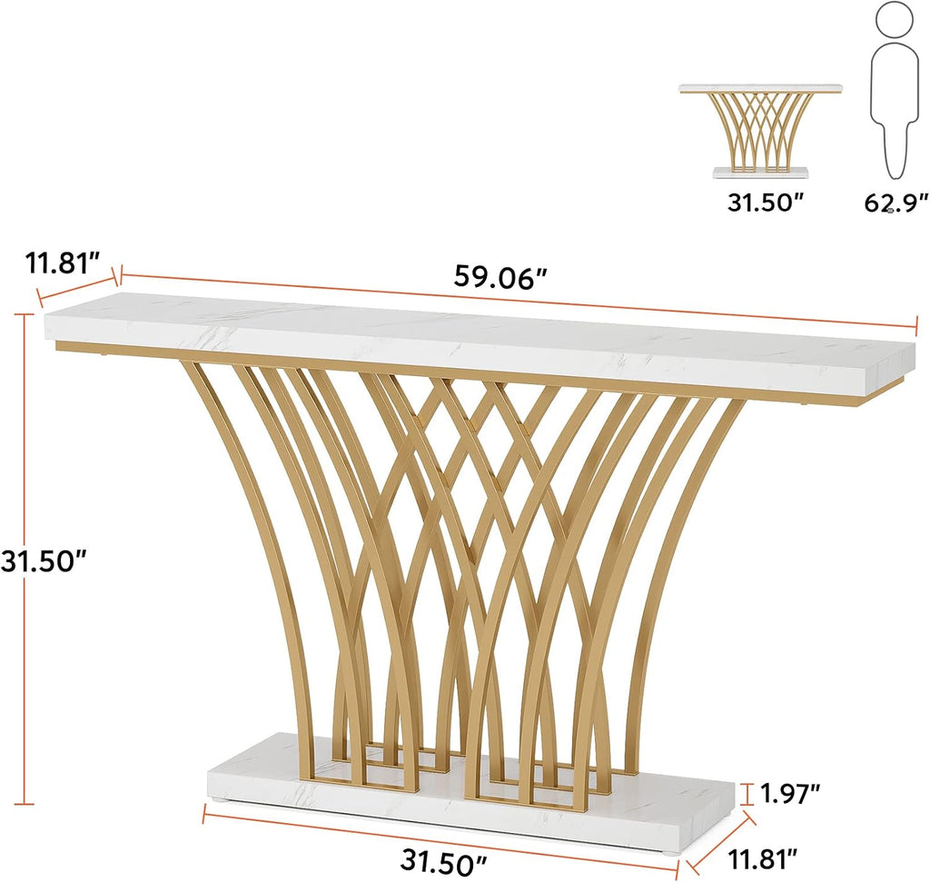 59 inch Gold Console Table, Modern Entryway Table with Grid-Shaped Metal Base for Entrance, Hallway, Entryway, Living