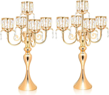 Tall Candle Holders - 2Pcs Gold Candelabra, Metal 5 Arm Candlesticks Party Wedding Aisle Home Decor (Gold x 2pcs)
