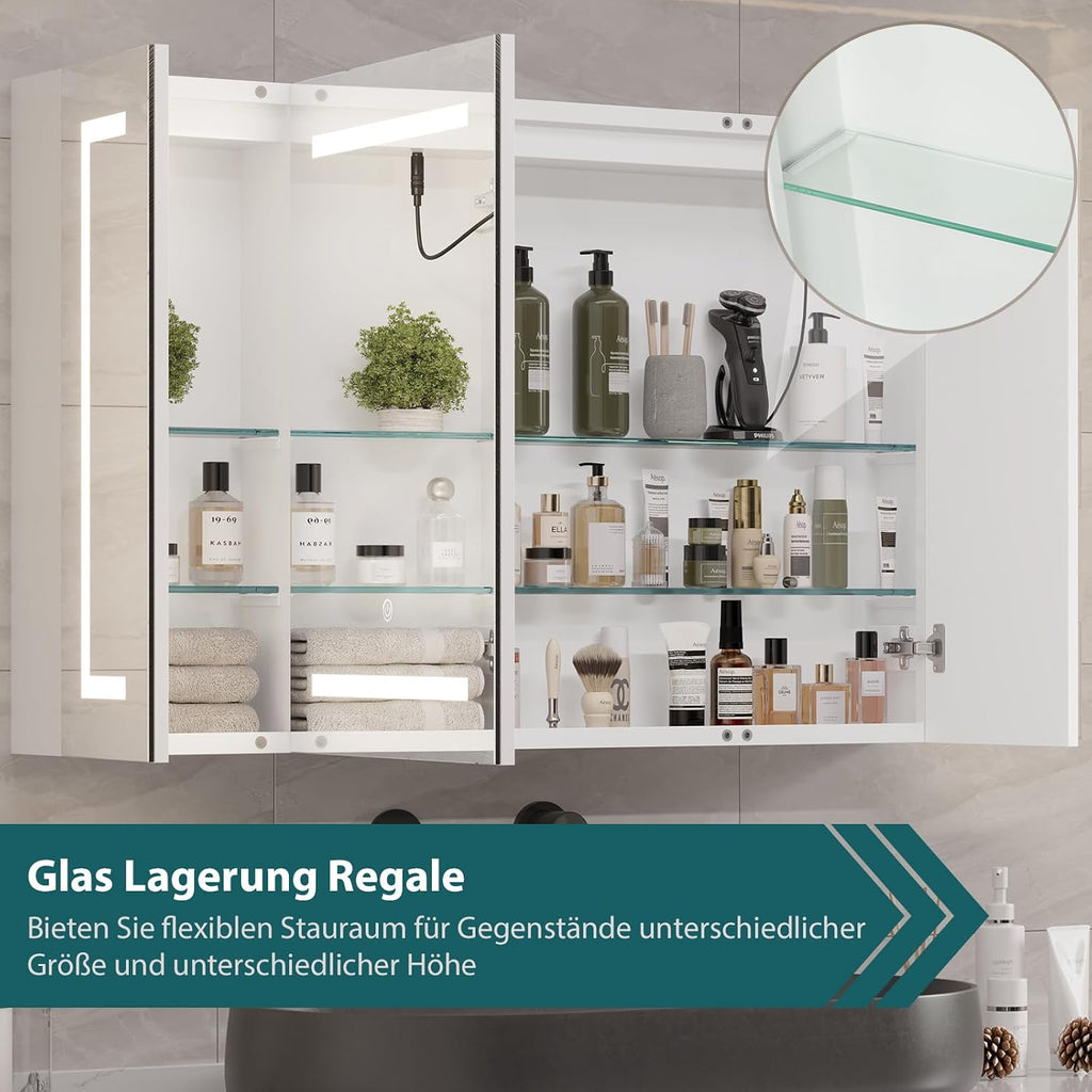 Medicine Cabinet with Mirror and LED Light, Wall Mounted Bathroom Mirror with Storage, 3 Doors Bathroom Wall Cabinet
