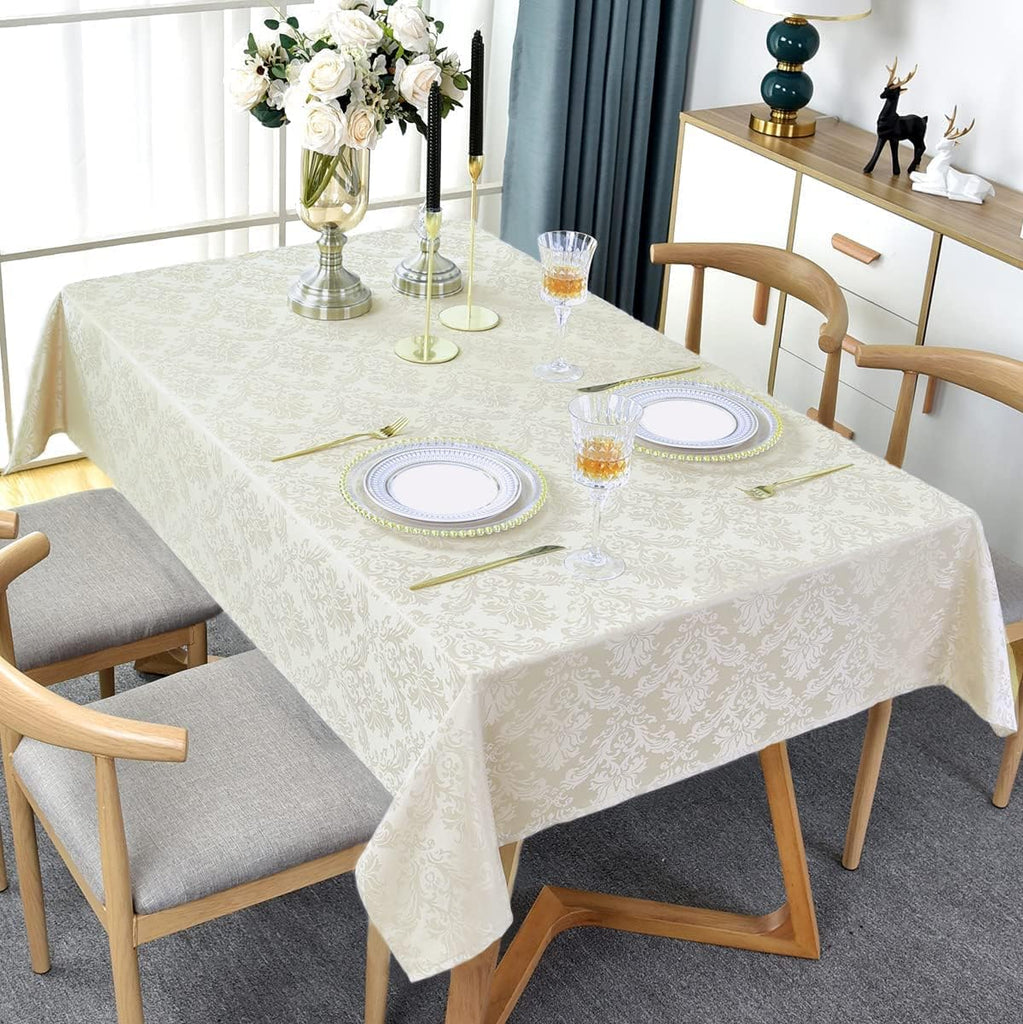 Rectangle Tablecloth - 60 x 120 Inch Beige Cream Damask Table Cloth Jacquard Design Spill Proof Wrin