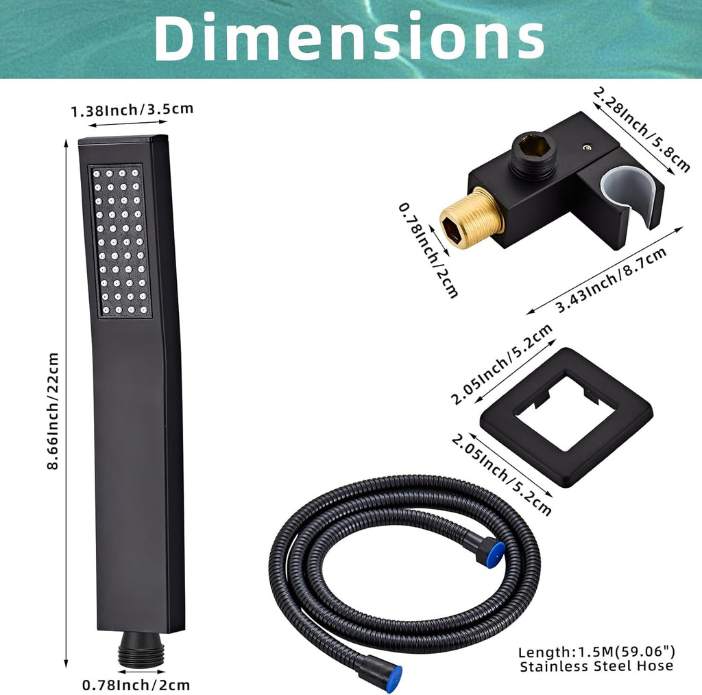 Black square hand shower head, handheld shower head with hose,brass High pressure flushing With adjustable water