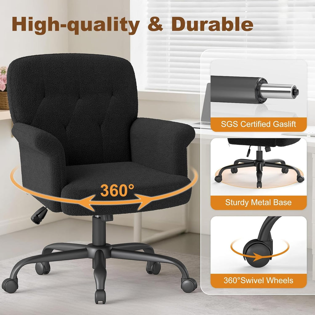 Comfy Home Office Desk Chair, Upholstered Fuzzy Vanity Chair with Wheels and Arms, Modern Adjustable Swivel Computer