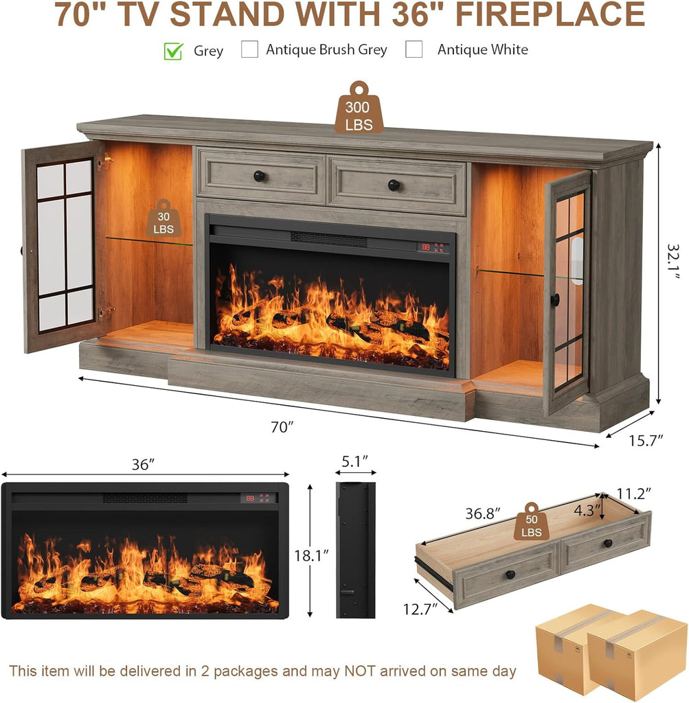 Fireplace TV Stand Up to 80" TVs, 70'' Modern Entertainment Center with 36" Electric Fireplace & LED Lights