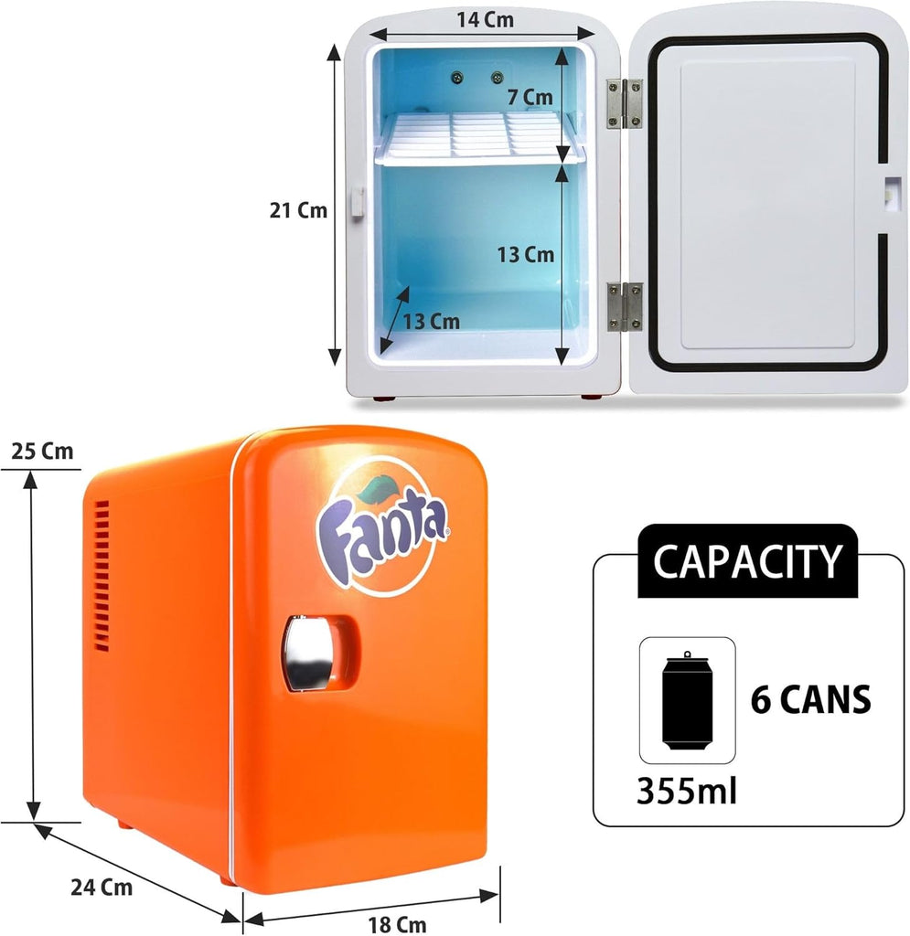 Fanta Mini Fridge - 6 Can Refrigerator for Bedroom Office, Portable Table Top Beverage Cooler, 12V 110V Refrigerador