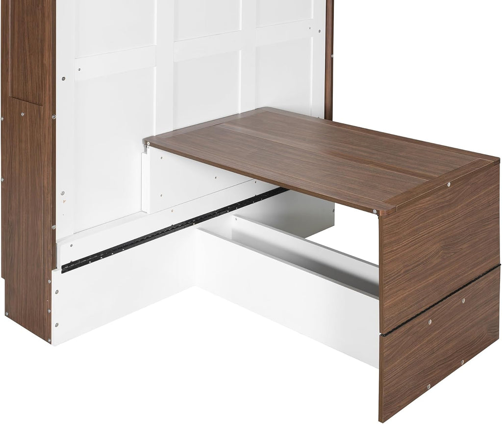 Full Murphy Bed with Desk, Wood Folding Hideaway Space Saving Murphy Wall Bed for Adults (White)