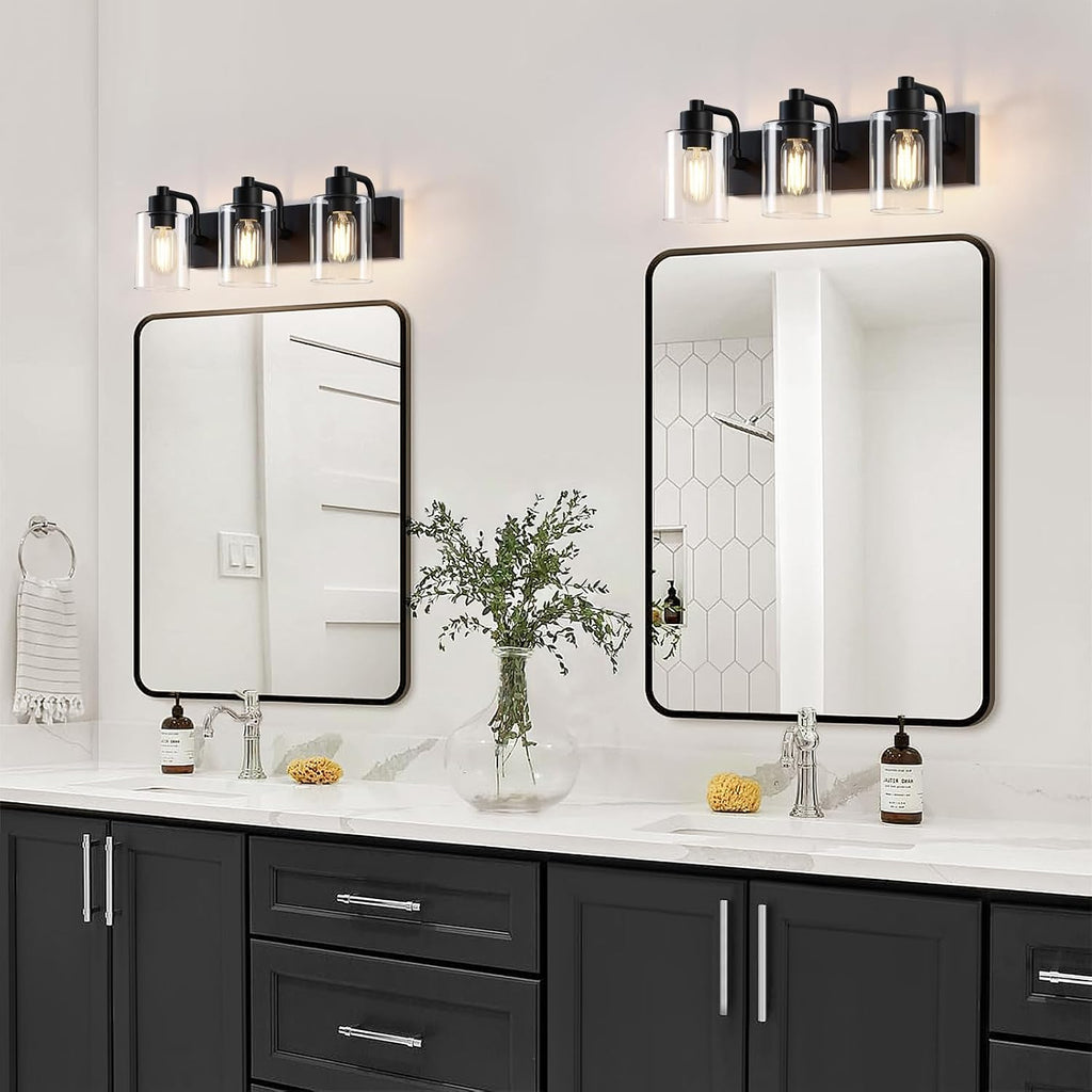 Bathroom Light Fixtures,Matte Black 3-Light Bathroom Lights Over Mirror with Clear Glass Shade,Wall Sconces Living