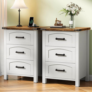 Farmhouse Nightstand Set of 2 with Charging Station, 18'' Wide Rustic End Table with USB/Type-C Ports, 3 Drawers