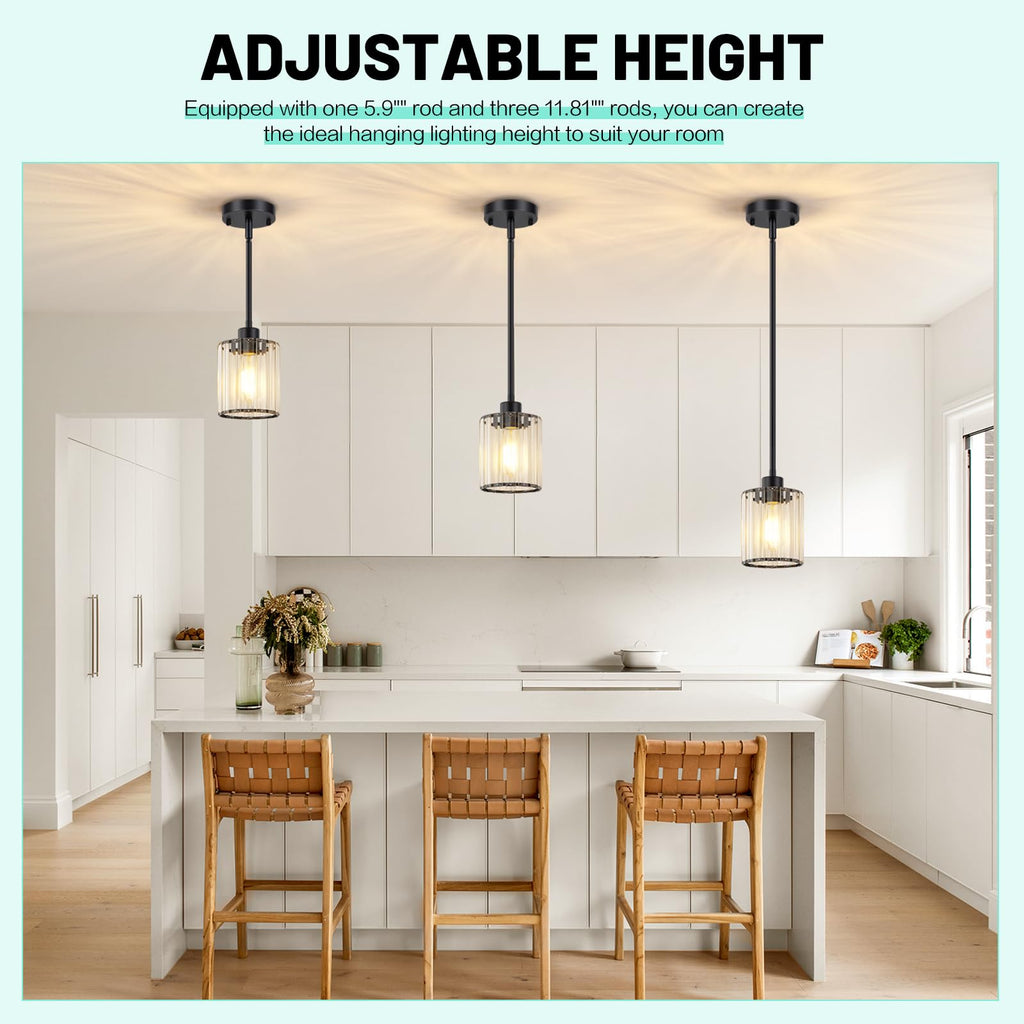 3 Pack Pendant Light Fixtures, Modern Black Pendant Lights Kitchen Island, Mini Pendant Lighting with Crystal Shade