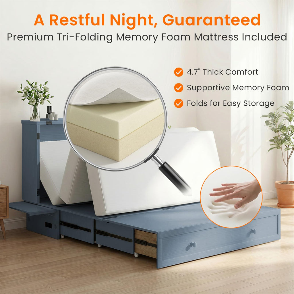 Murphy Bed Queen Mattress - Guest Room Bed Cabinet with Storage