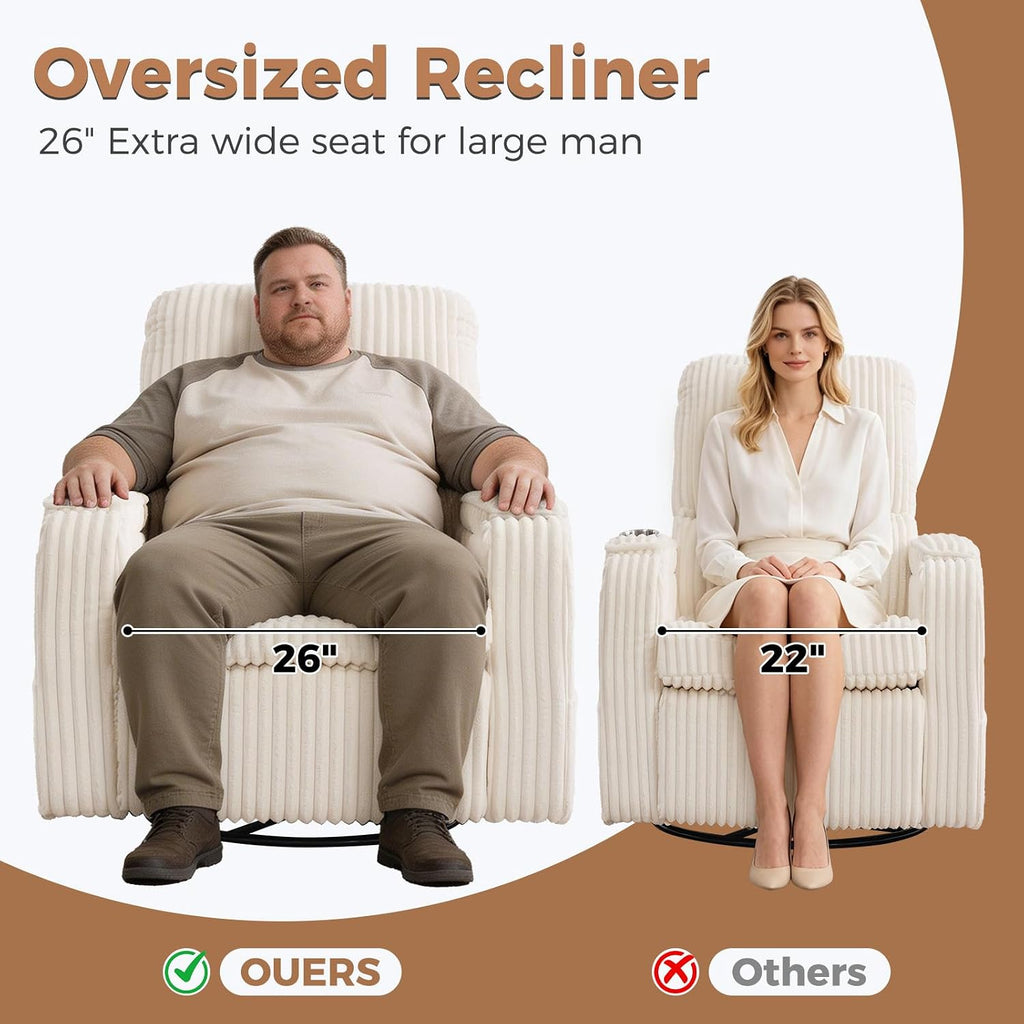 Power Nursery Recliner,26''Swivel Rocker Recliner,Adjustable Headrest,White | Extra Wide Recliner, Oversized