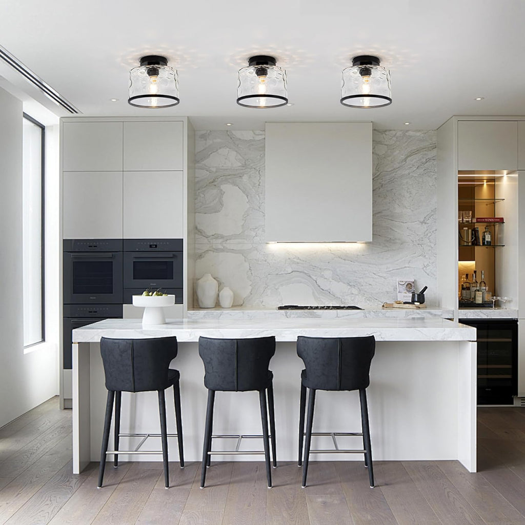 Glass Ceiling Light, Black Semi Flush Mount with Hammered Glass Shade, Farmhouse Light Fixture
