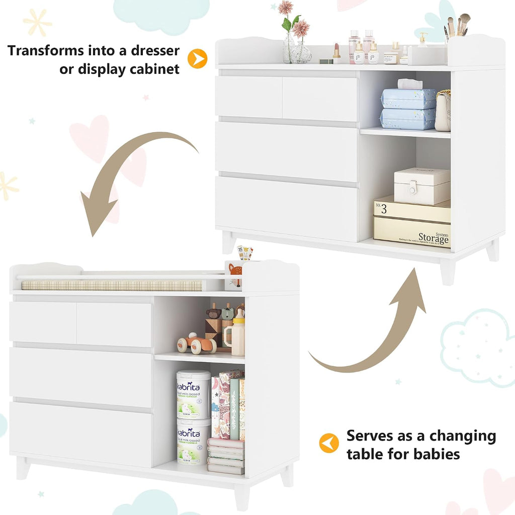 Baby Changing Table with 4 Drawers & 2 Open Shelves, Multi-Functional Nursery Changing Station with Storage, Pearl
