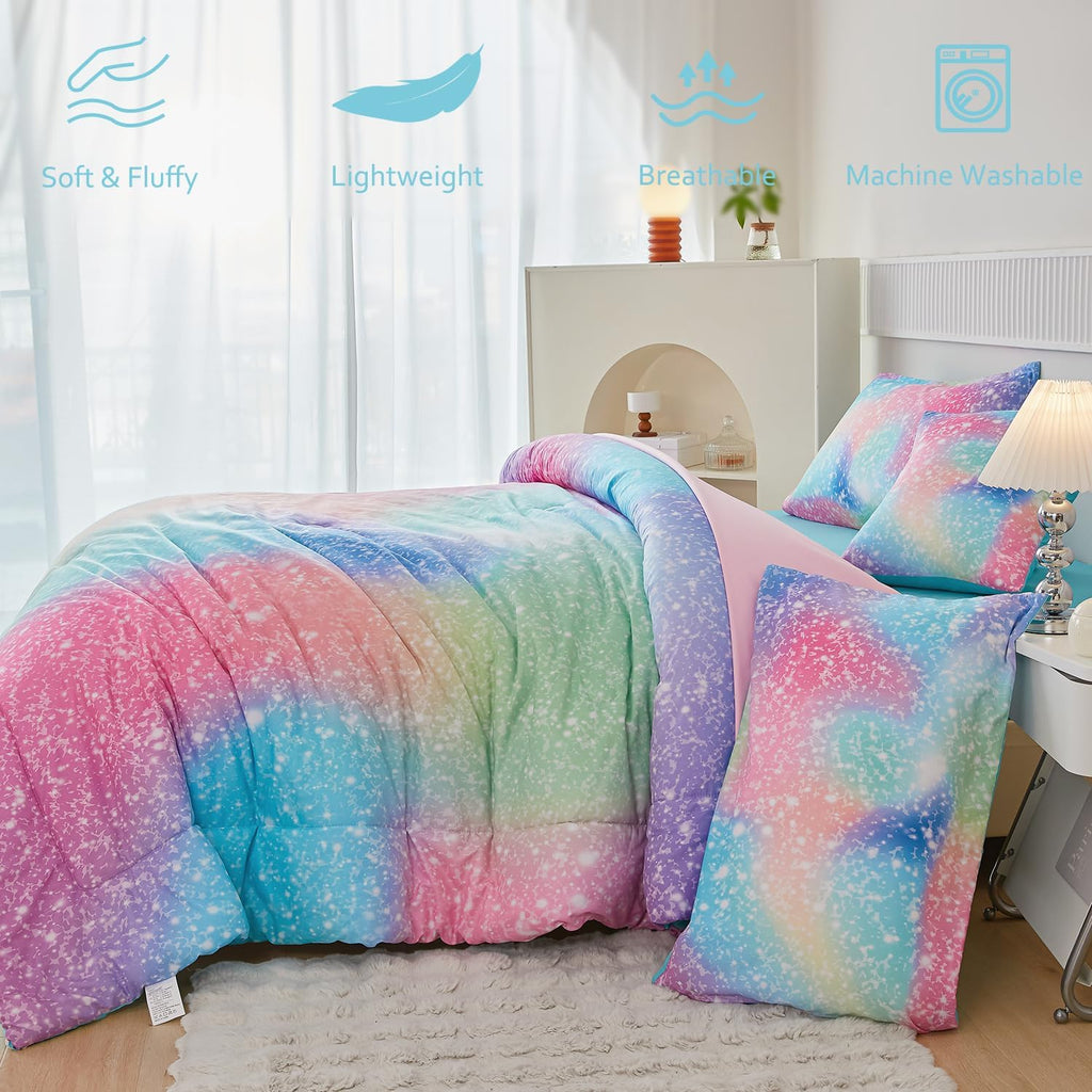 Pink Green Girls Comforter Set, 6 Pieces Colorful Rainbow Kids Bedding Sets, Tie Dye Ombre Glitter Bed in A Bag
