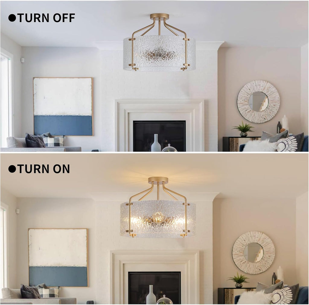 Semi Flush Mount Ceiling Light Fixture,Glass Drum Kitchen Lighting Fixtures Ceiling,18''Gold Modern Light Fixture