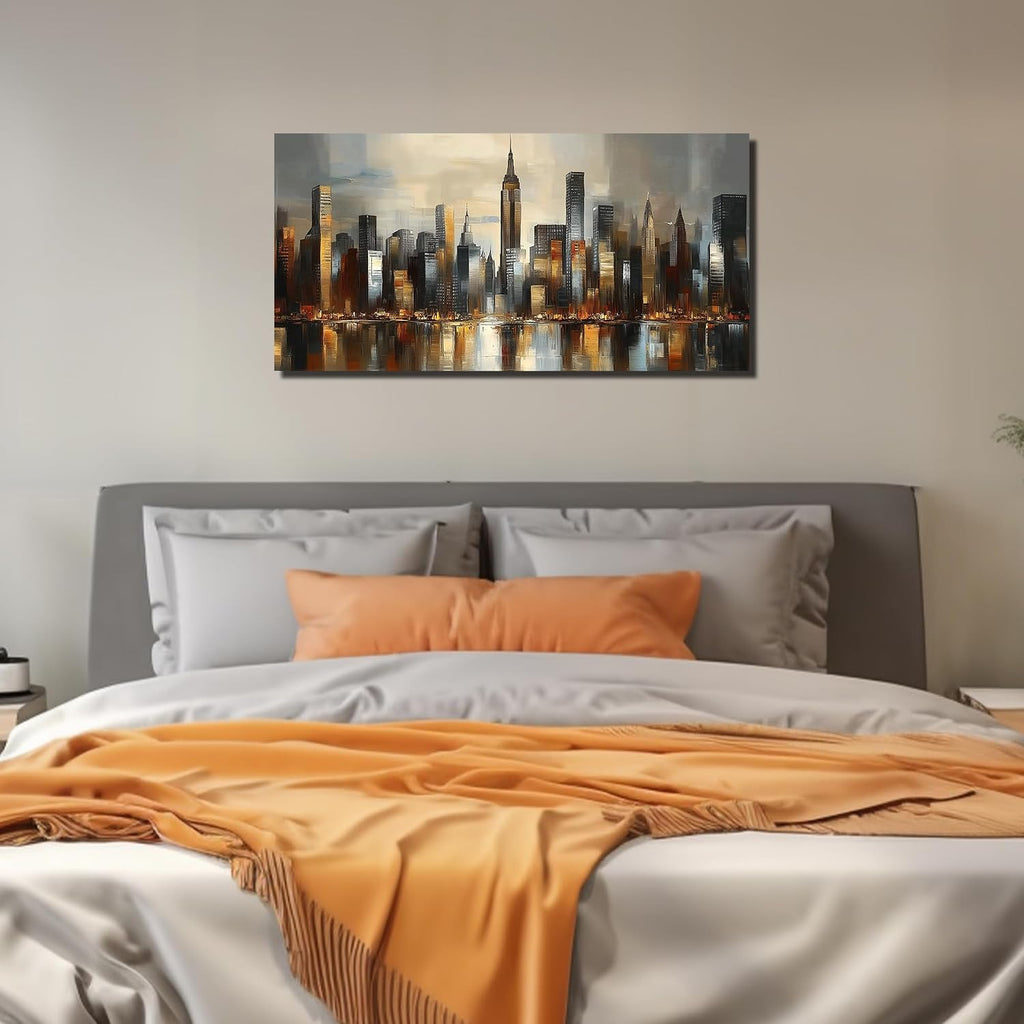 City Wall Art , Gold and Grey Wall-Decor , Modern Cityscape Poster Canvas Print