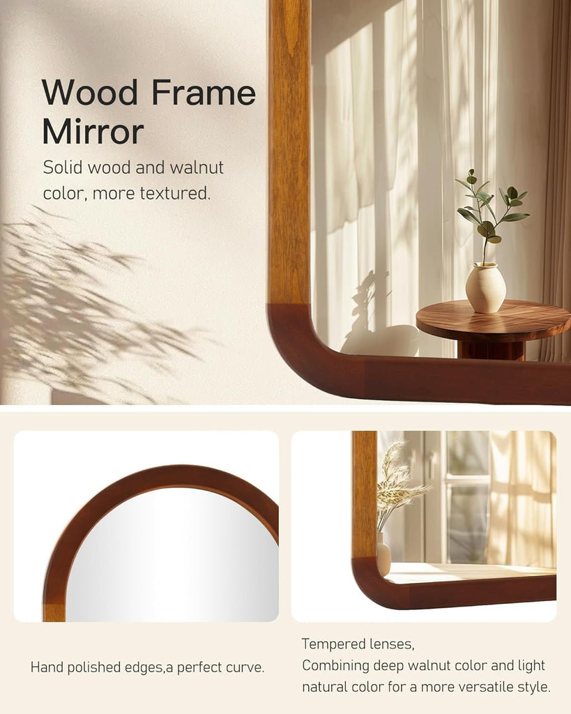 Arched Mirror 24 x 36 Inch,Brown Wood Rustic Bathroom Tempered Wall Mirror with Wood Frame,Round Corner Arch Farmhouse