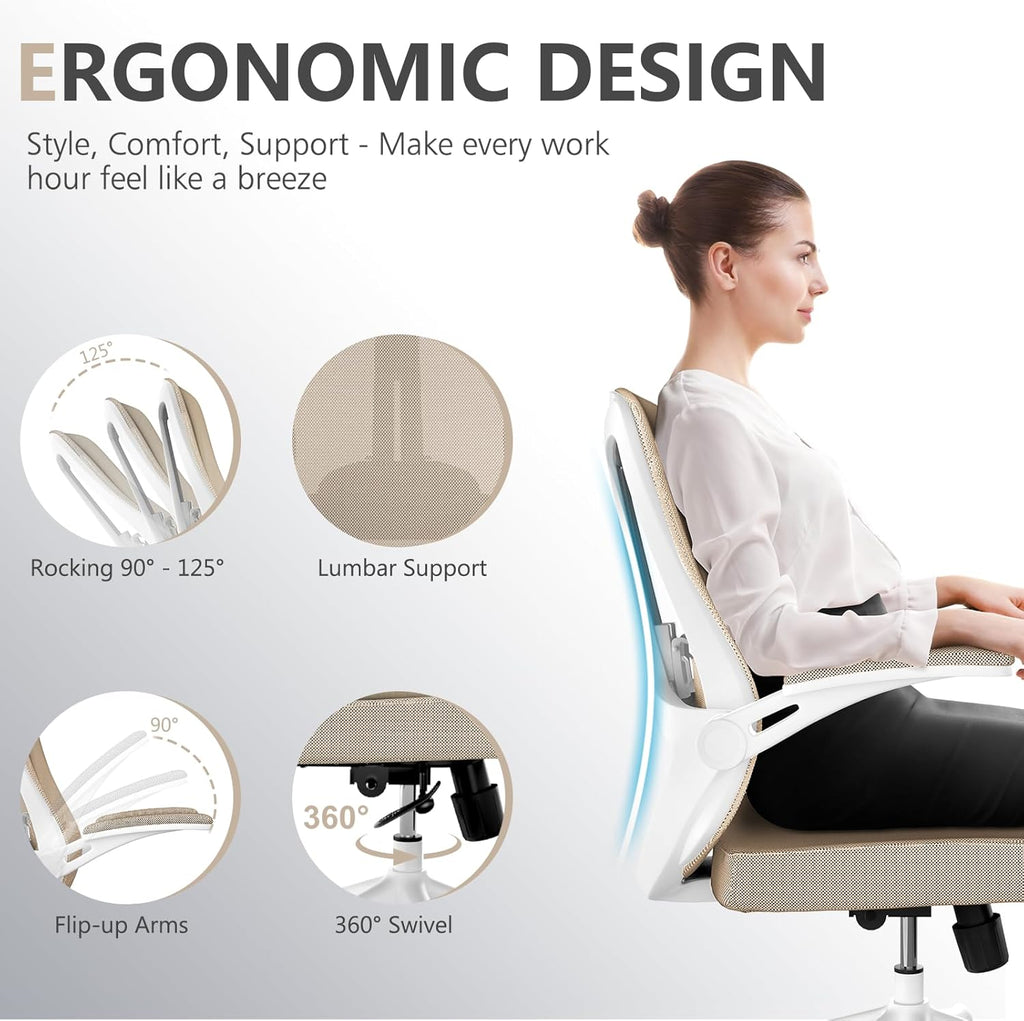 Ergonomic with Lumbar Support, High Back Mesh Desk Chair with Flip-Up Arms, Adjustable Computer Task Chair, Khaki