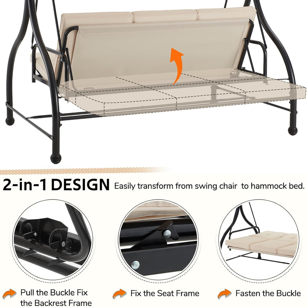 Porch Swing Chair with Adjustable Backrest&Canopy, 3 Seat Patio Swing with Canopy 2-in-1 Convertible Outdoor Swing